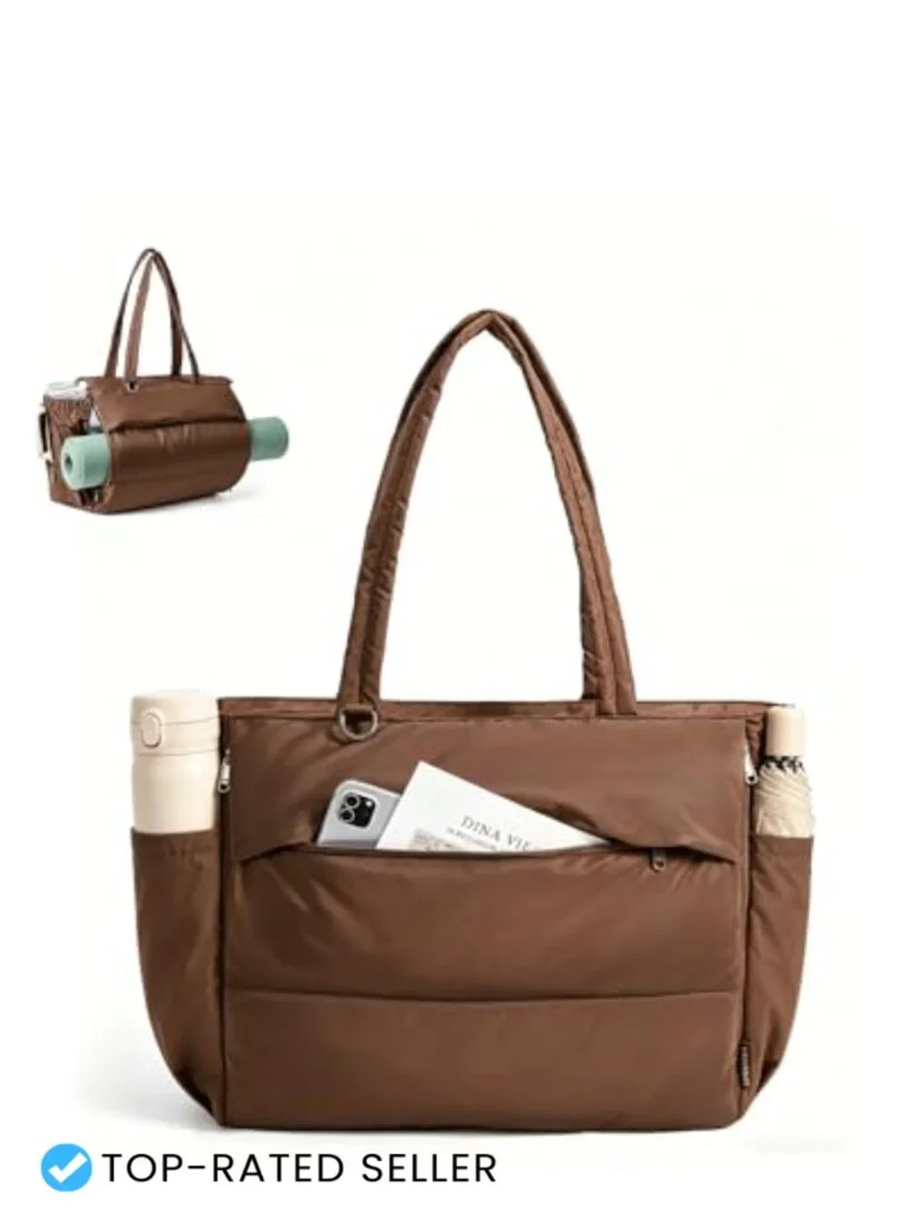 Quilted Puffy Tote Gym Bag with Yoga Mat Holder for Women